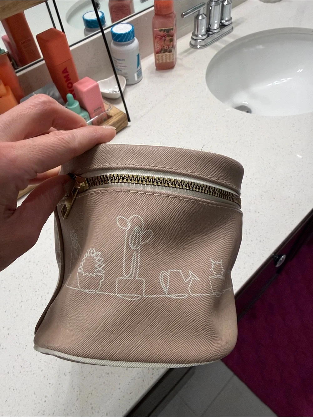 Beige Cat & Cactus Travel Cosmetic Case with Top Handle